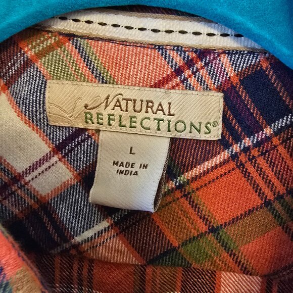 NATURAL REFLECTIONS 100% COTTON PLAID LONG SLEEVE SHIRT SIZE LARGE ORANGE BLUE - Picture 2 of 9